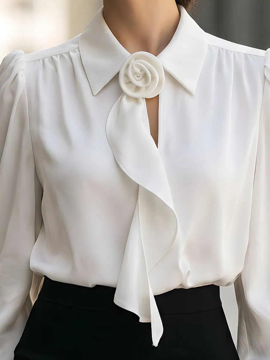 Elegant Floral Brooch Tie-Neck Puff Sleeve Blouse sold by Mooyius product image thumbnail 2