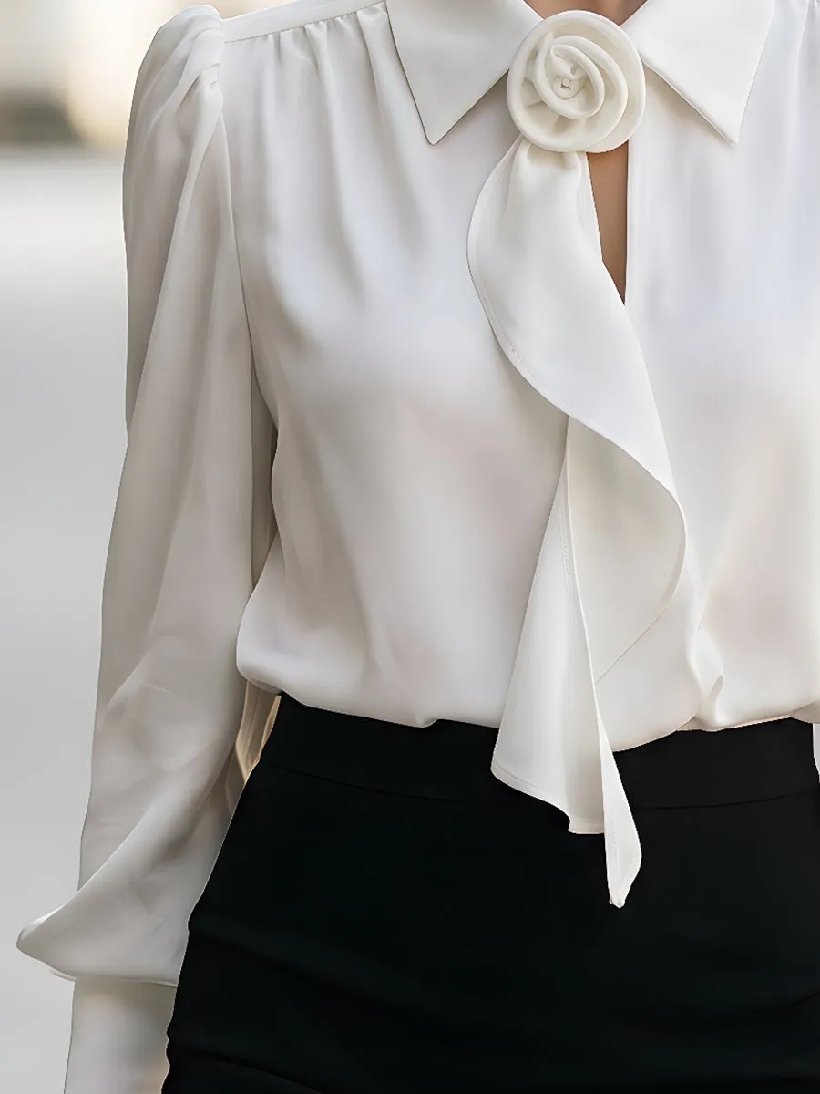 Elegant Floral Brooch Tie-Neck Puff Sleeve Blouse sold by Mooyius product image thumbnail 3