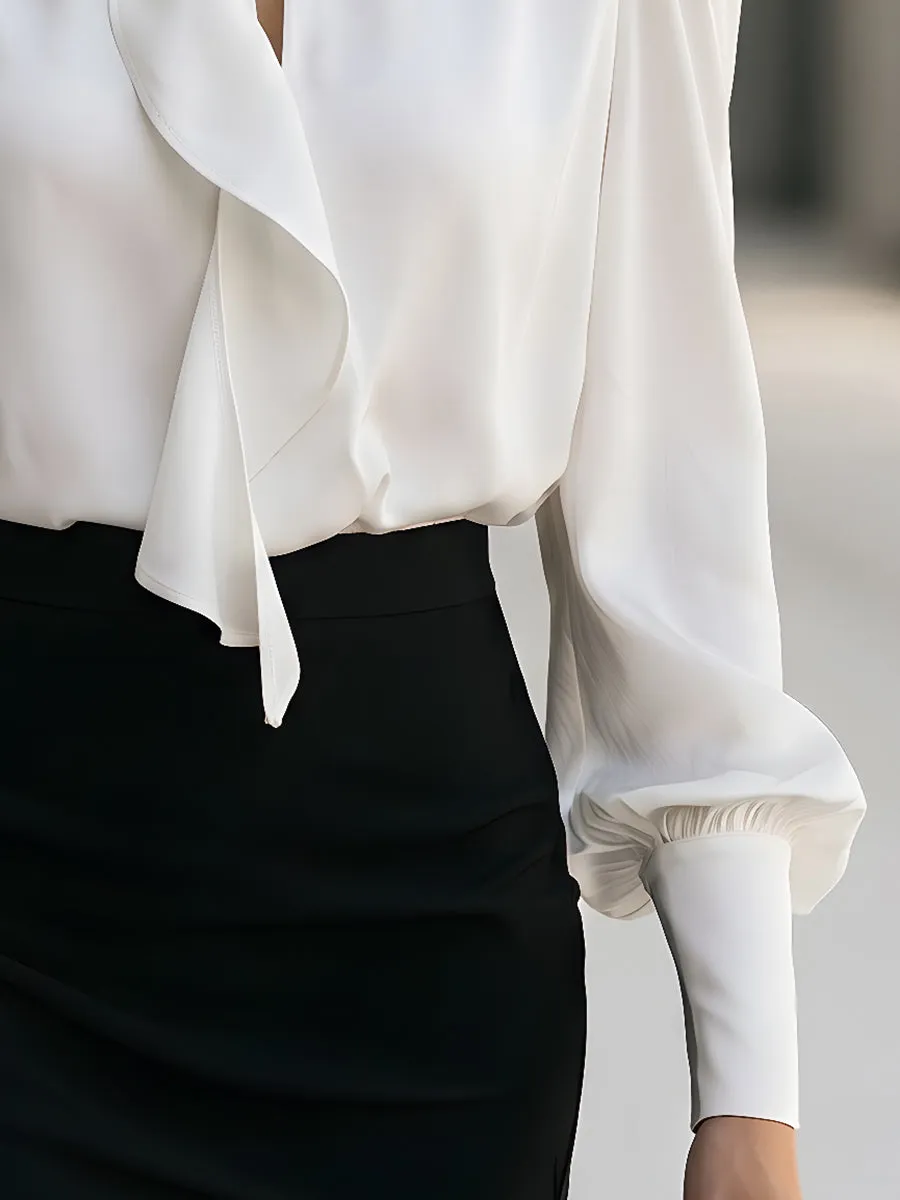 Elegant Floral Brooch Tie-Neck Puff Sleeve Blouse sold by Mooyius product image thumbnail 4