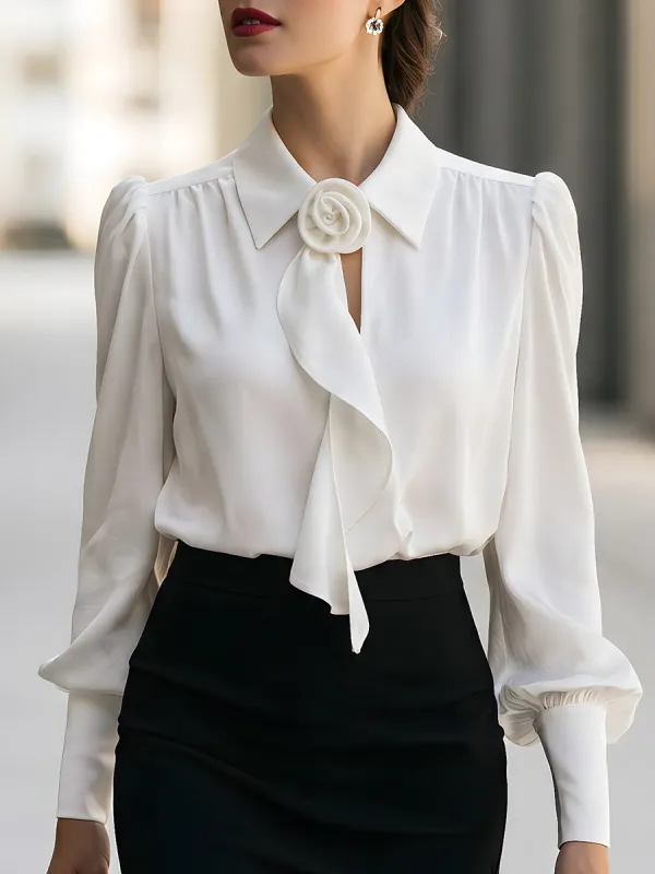 Elegant Floral Brooch Tie-Neck Puff Sleeve Blouse made by Mooyius