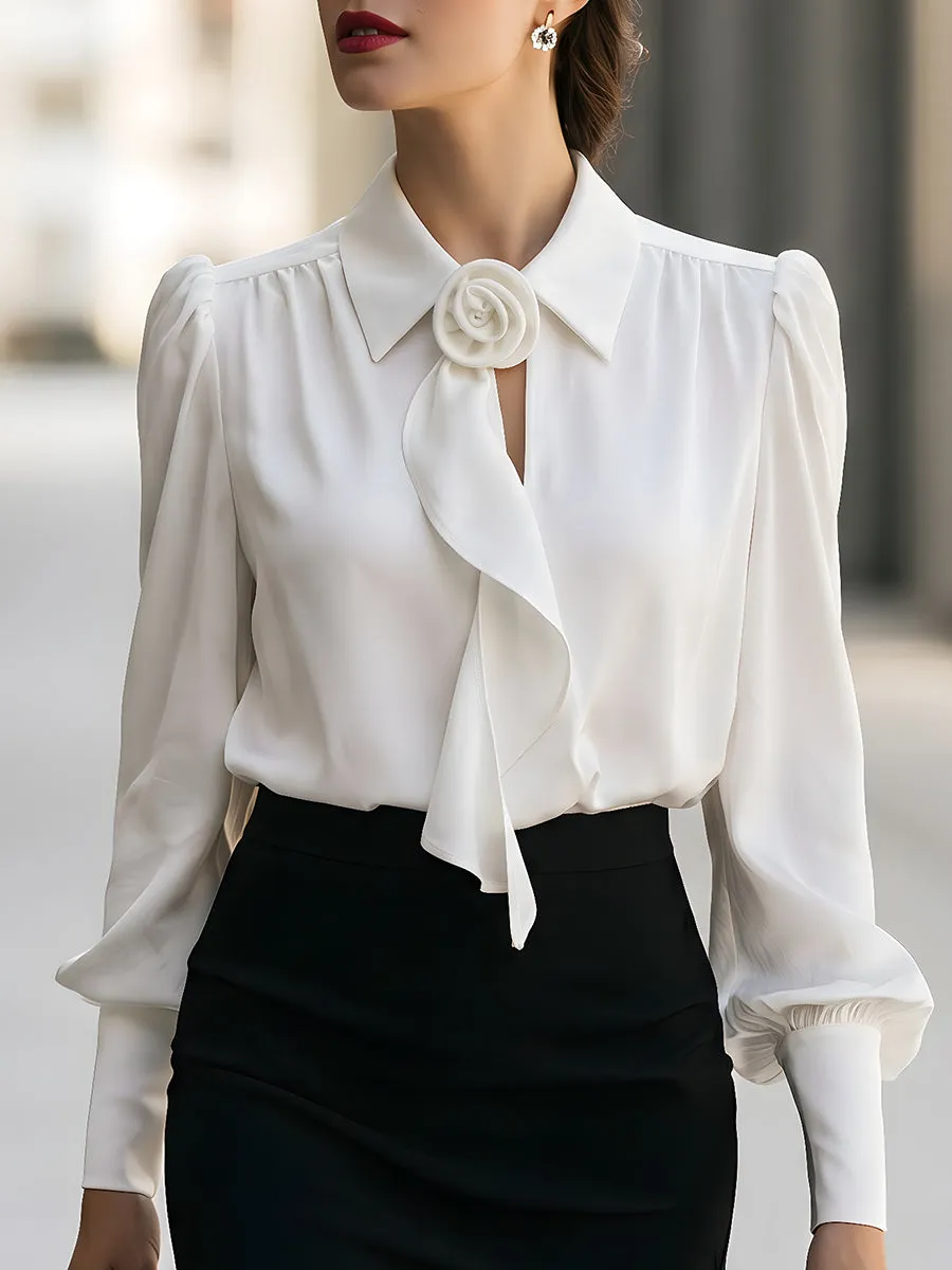 Elegant Floral Brooch Tie-Neck Puff Sleeve Blouse sold by Mooyius
