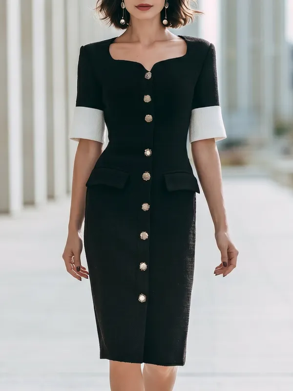 Contrast Cuff Structured Button-Front Midi Sheath Dress made by Mooyius