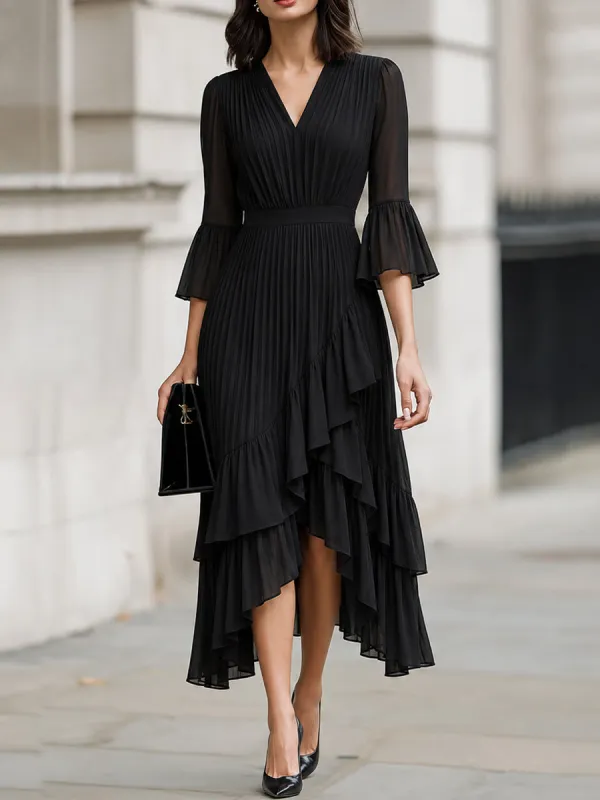 V-Neck 3/4 Flare Sleeve Pleated Chiffon Midi Dress made by Something Navy