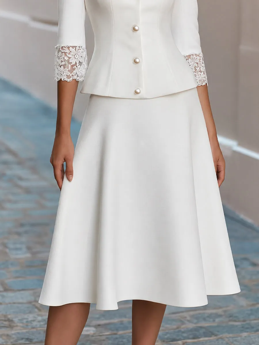 Lace Trim V-Neck Pearl Button Blazer & Flared Midi Skirt Two-Piece Suit sold by Mooyius product image thumbnail 3