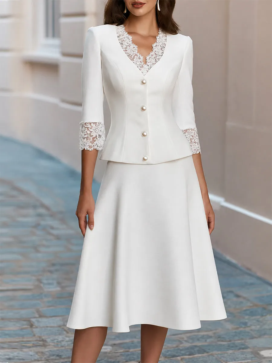 Lace Trim V-Neck Pearl Button Blazer & Flared Midi Skirt Two-Piece Suit sold by Mooyius