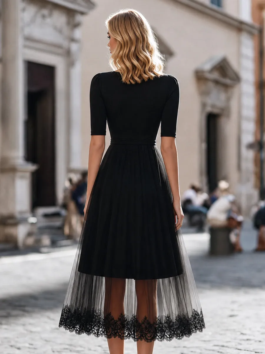 Lace-Trimmed Tulle Overlay A-Line Midi Dress sold by Mooyius product image thumbnail 5