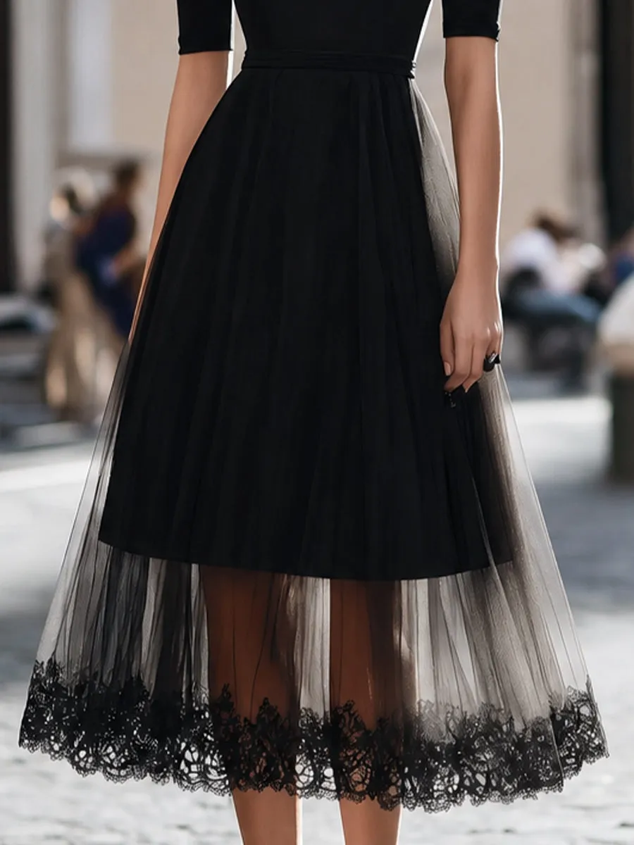 Lace-Trimmed Tulle Overlay A-Line Midi Dress sold by Mooyius product image thumbnail 4