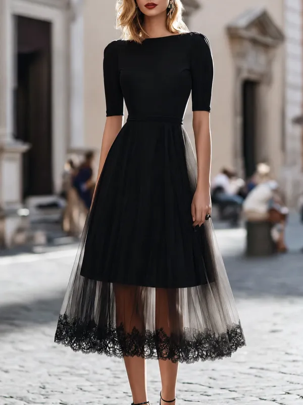 Lace-Trimmed Tulle Overlay A-Line Midi Dress made by Mooyius