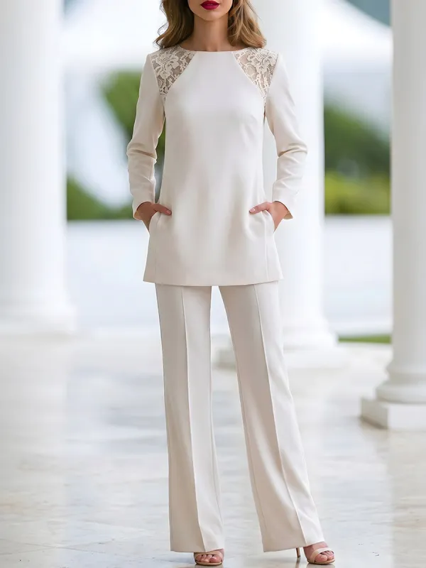 Lace Shoulder Tunic And Wide-Leg Pants Set made by Mooyius