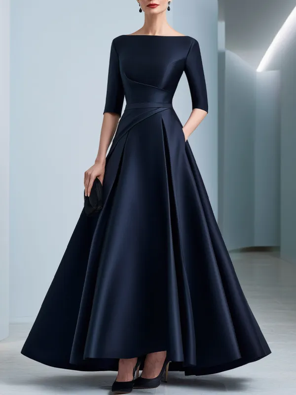 Draped Waist Bateau Neck Satin A-Line Evening Gown made by Mooyius