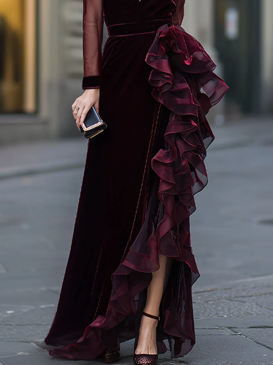 Sheer Sleeve Velvet Cascading Ruffle Evening Gown sold by Mooyius product image thumbnail 4
