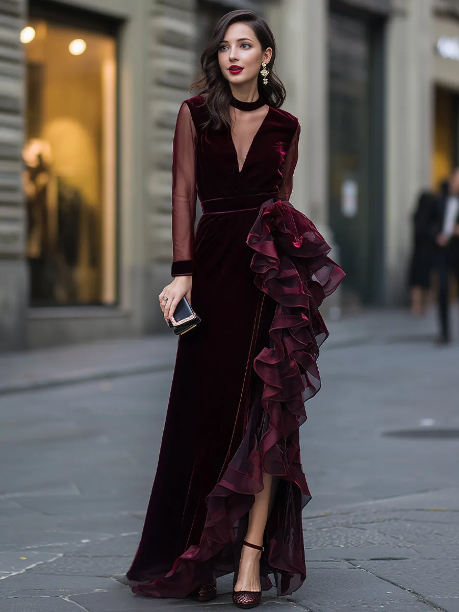 Sheer Sleeve Velvet Cascading Ruffle Evening Gown sold by Mooyius product image thumbnail 2