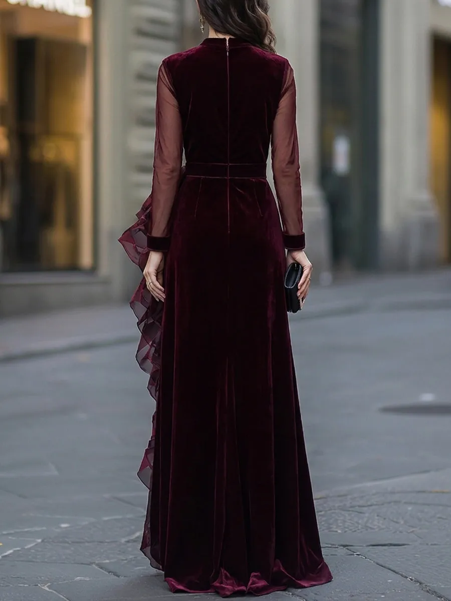 Sheer Sleeve Velvet Cascading Ruffle Evening Gown sold by Mooyius product image thumbnail 5