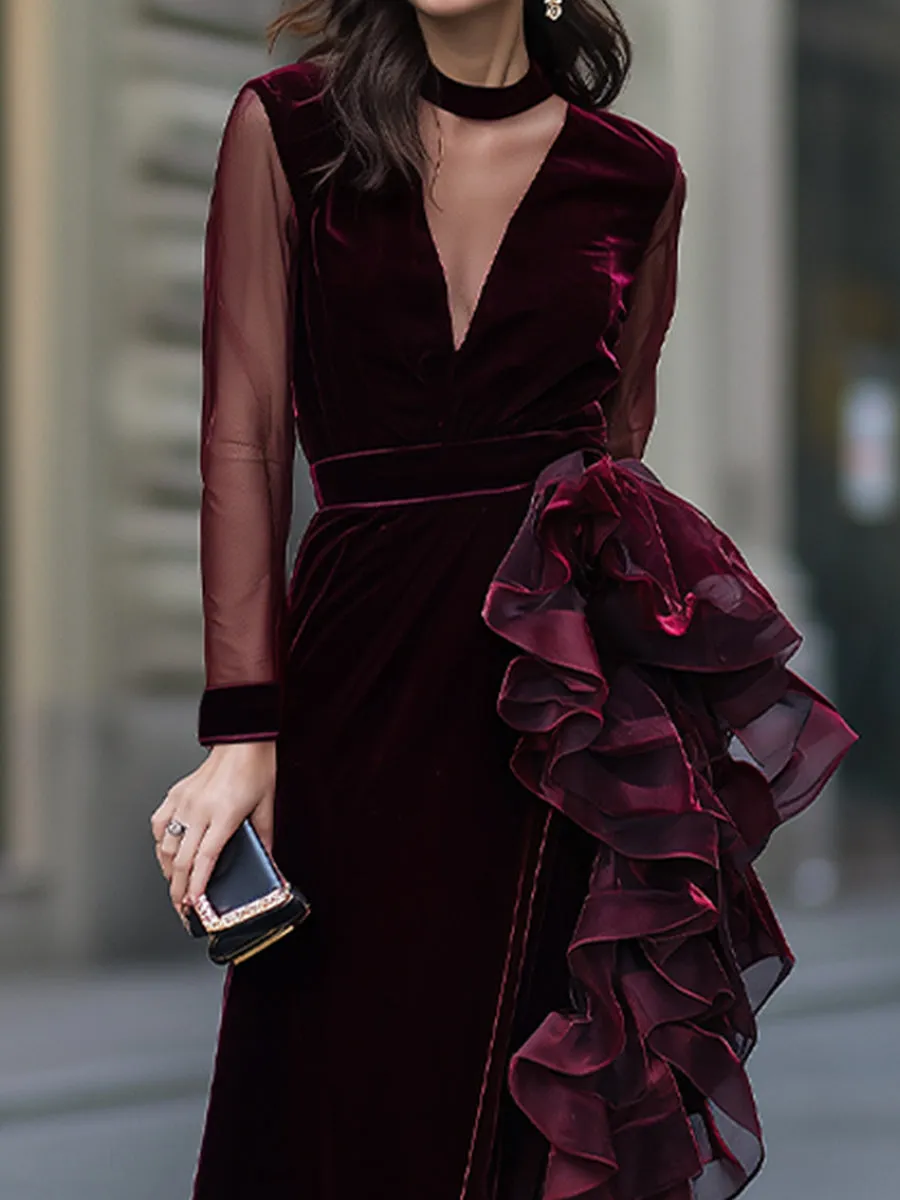 Sheer Sleeve Velvet Cascading Ruffle Evening Gown sold by Mooyius product image thumbnail 3