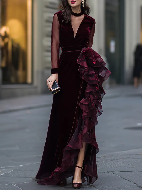 Sheer Sleeve Velvet Cascading Ruffle Evening Gown made by Mooyius