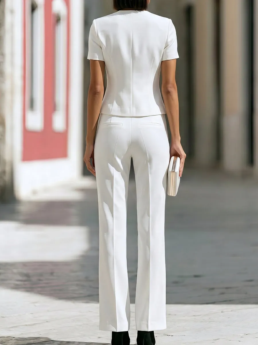 Minimalist Tailored Short Sleeve Button-Front Top & Straight-Leg Trousers Set sold by Mooyius product image thumbnail 4