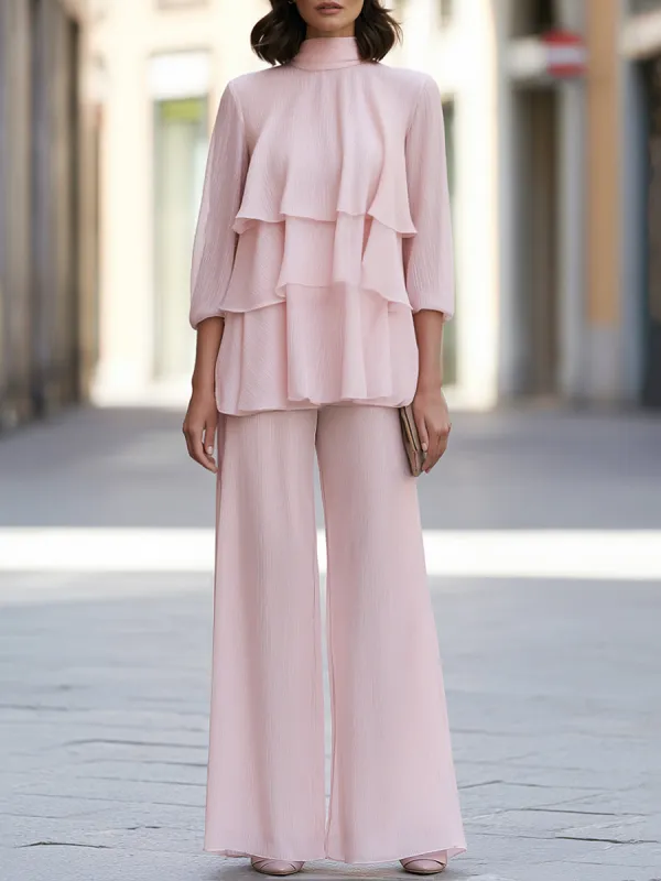 Tiered Ruffle High-Neck Wide-Leg Pants Set made by Mooyius