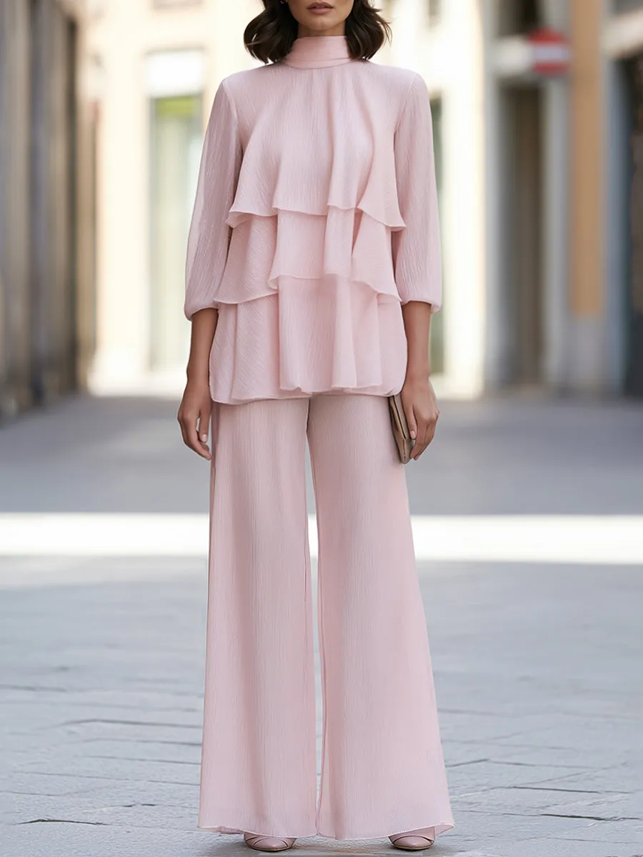 Tiered Ruffle High-Neck Wide-Leg Pants Set sold by Mooyius
