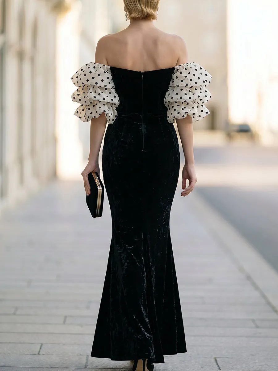 Polka-Dot Puff Sleeve Off-Shoulder Velvet Mermaid Evening Gown sold by Mooyius product image thumbnail 4