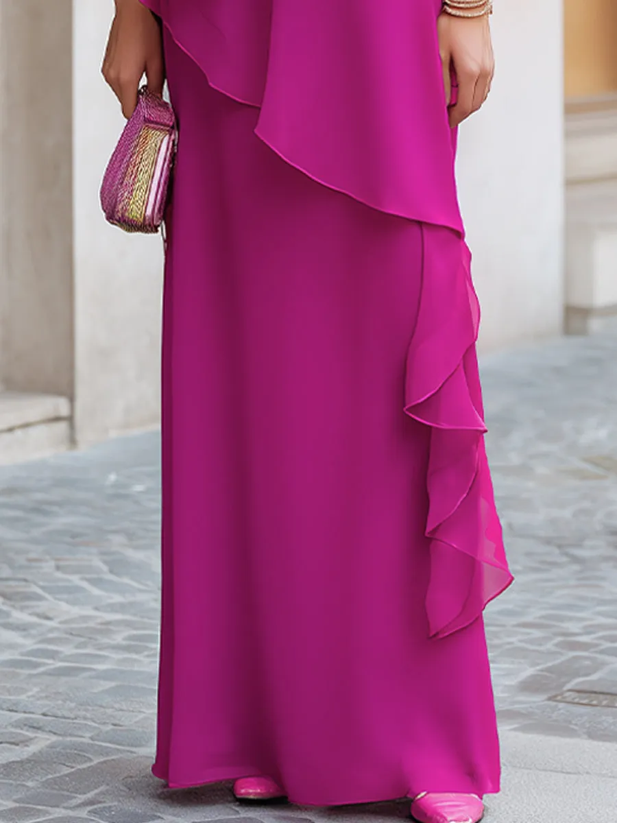 Asymmetric Tiered Chiffon Overlay Cape Maxi Dress sold by Mooyius product image thumbnail 4
