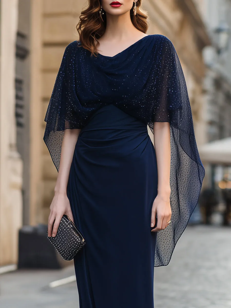 Glitter Mesh Cape Overlay Ruched Column Maxi Dress sold by Mooyius product image thumbnail 3