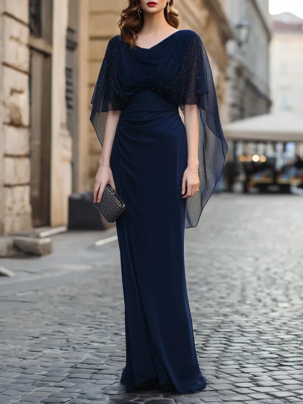 Glitter Mesh Cape Overlay Ruched Column Maxi Dress made by Mooyius