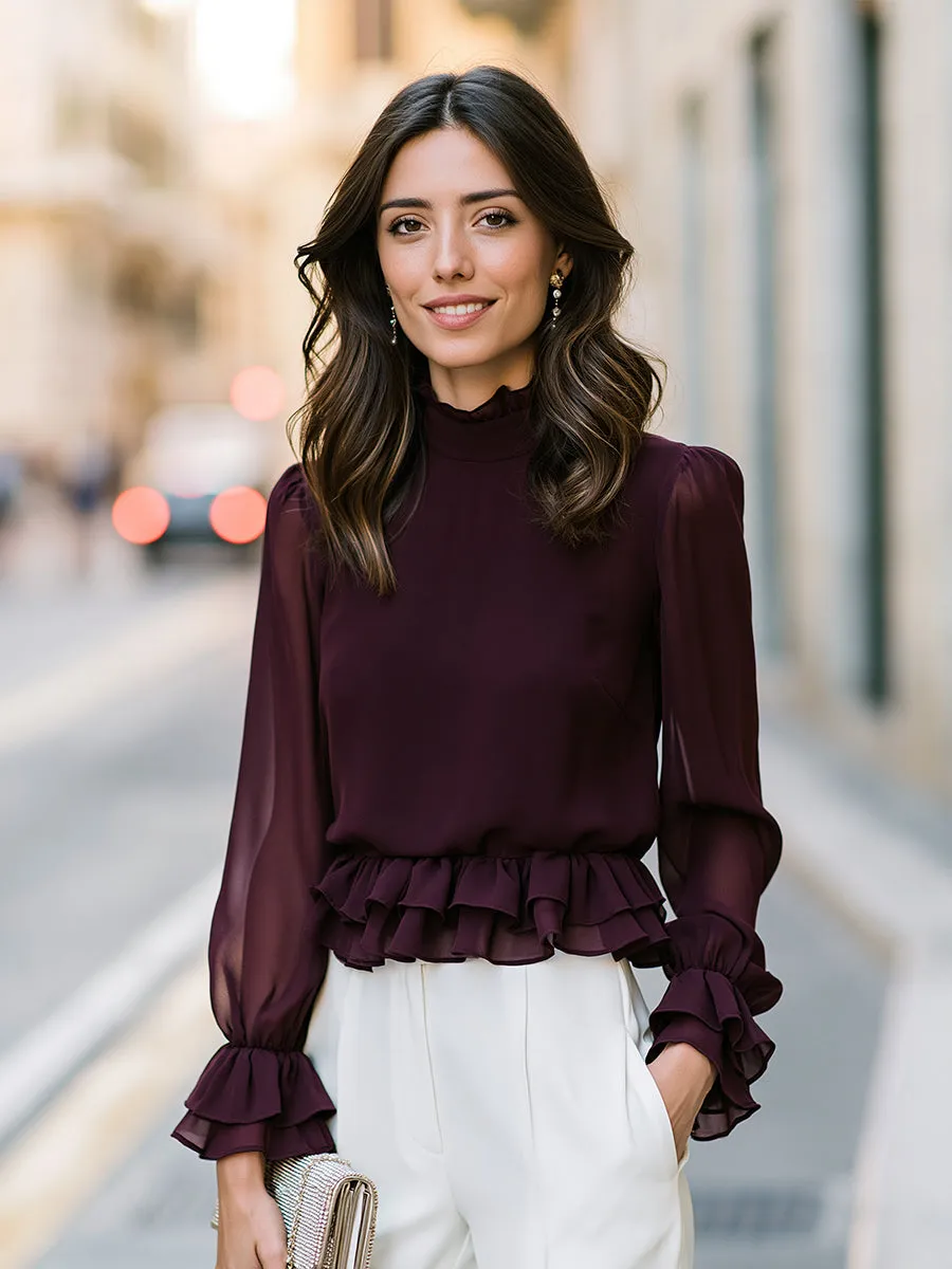 Ruffled Mock Neck Peplum Blouse sold by Mooyius product image thumbnail 2