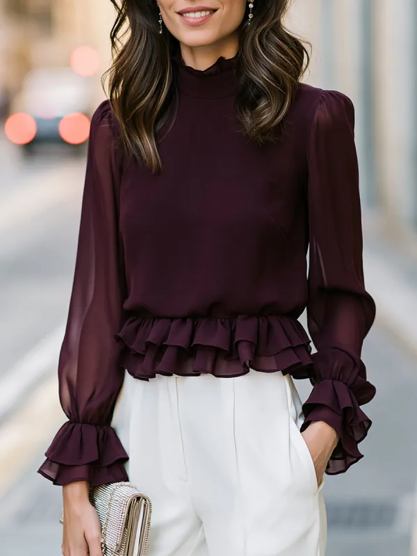 Ruffled Mock Neck Peplum Blouse made by Mooyius