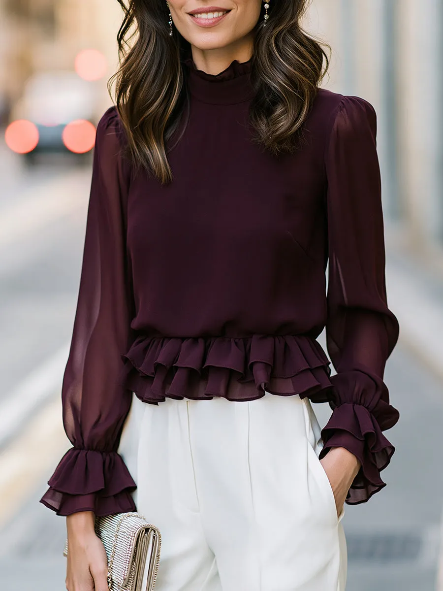 Ruffled Mock Neck Peplum Blouse sold by Mooyius