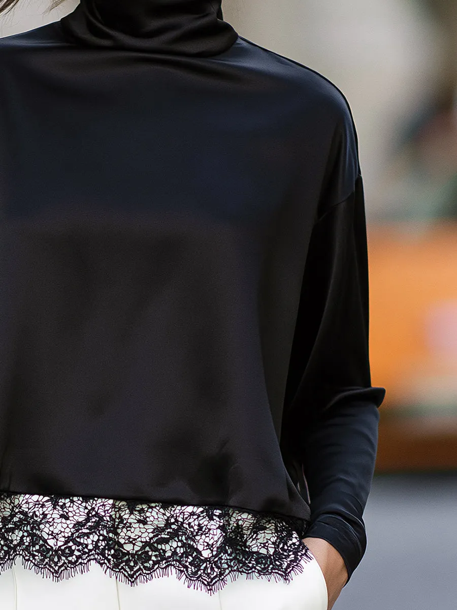 Lace-Trimmed Turtleneck Relaxed Blouse sold by Mooyius product image thumbnail 4
