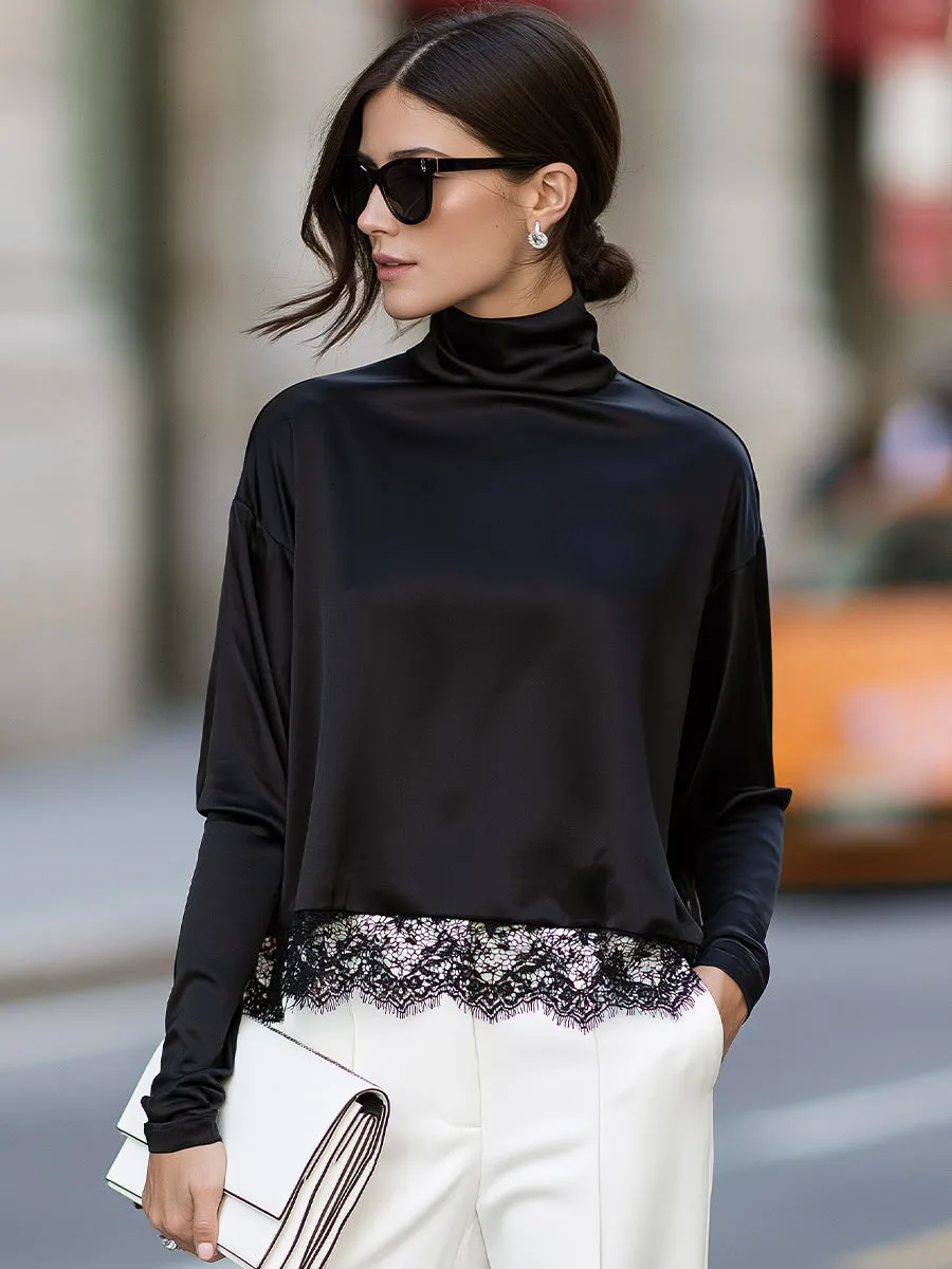 Lace-Trimmed Turtleneck Relaxed Blouse sold by Mooyius product image thumbnail 2