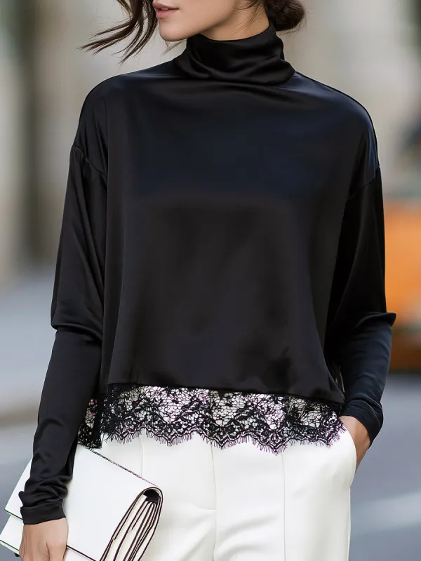 Lace-Trimmed Turtleneck Relaxed Blouse made by Mooyius