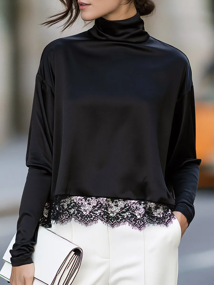 Lace-Trimmed Turtleneck Relaxed Blouse sold by Mooyius