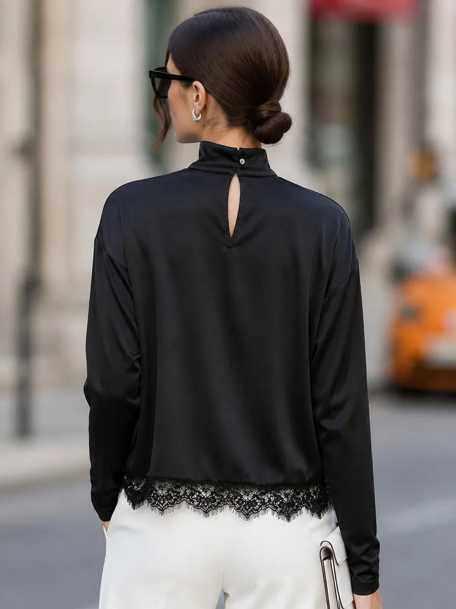 Lace-Trimmed Turtleneck Relaxed Blouse sold by Mooyius product image thumbnail 5