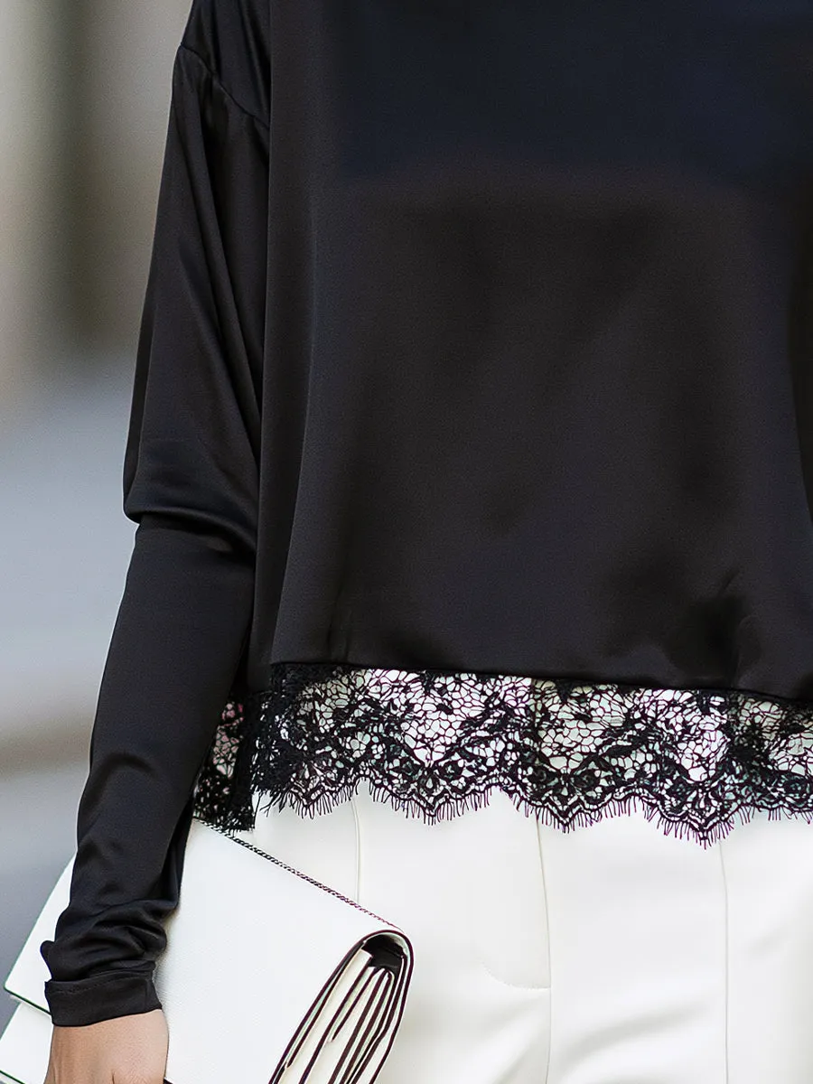Lace-Trimmed Turtleneck Relaxed Blouse sold by Mooyius product image thumbnail 3