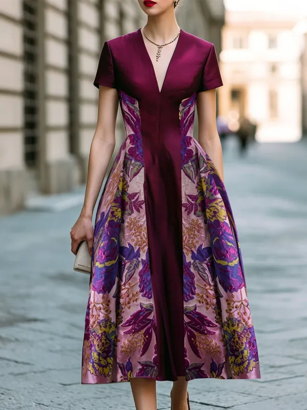 Floral Jacquard Panel V-Neck A-Line Midi Dress made by Mooyius