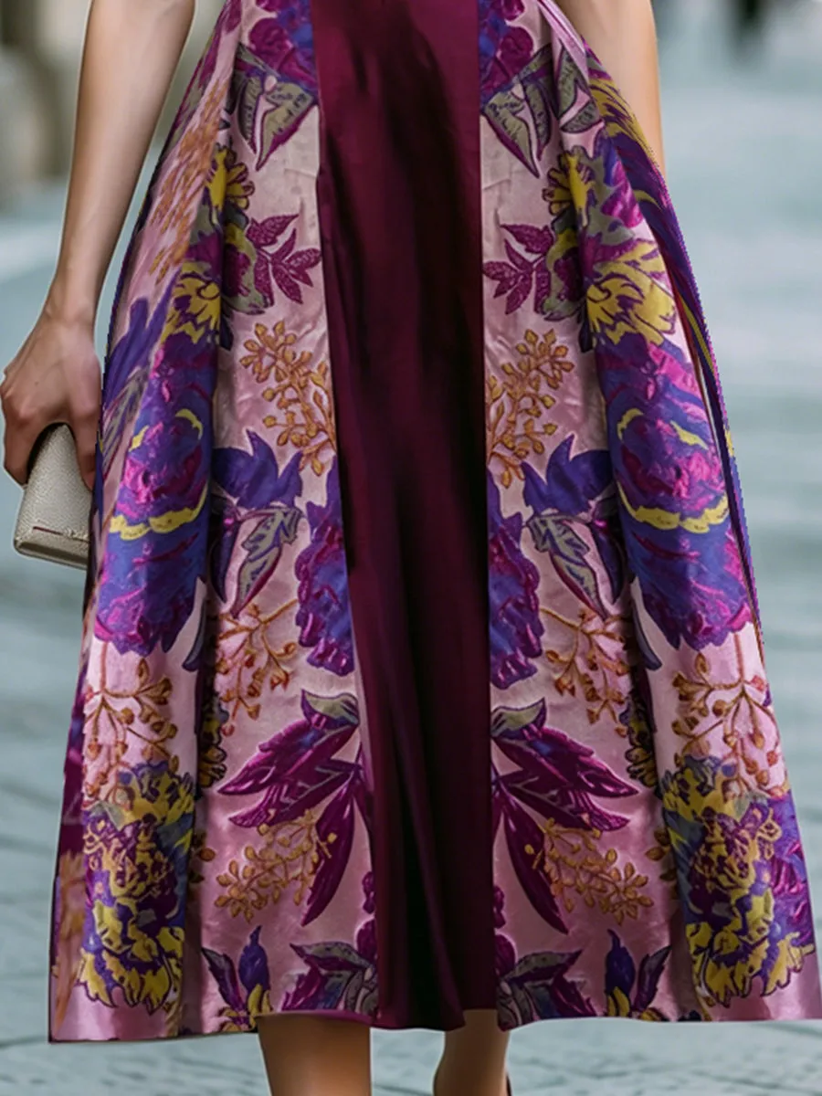 Floral Jacquard Panel V-Neck A-Line Midi Dress sold by Mooyius product image thumbnail 3