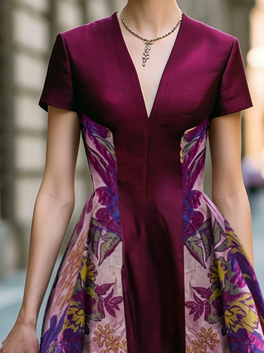 Floral Jacquard Panel V-Neck A-Line Midi Dress sold by Mooyius product image thumbnail 2