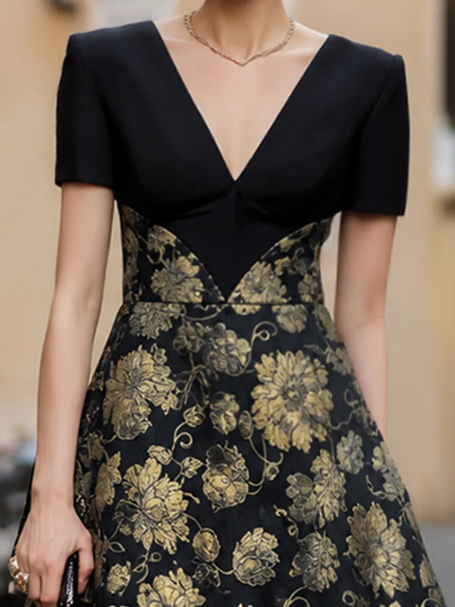 Floral Jacquard V-Neck High-Low Evening Dress sold by Mooyius product image thumbnail 3
