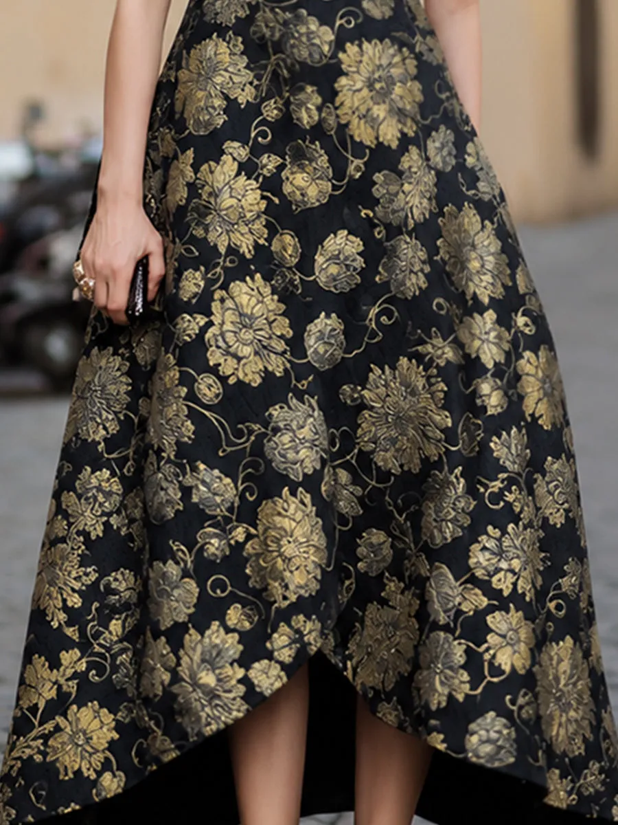 Floral Jacquard V-Neck High-Low Evening Dress sold by Mooyius product image thumbnail 4