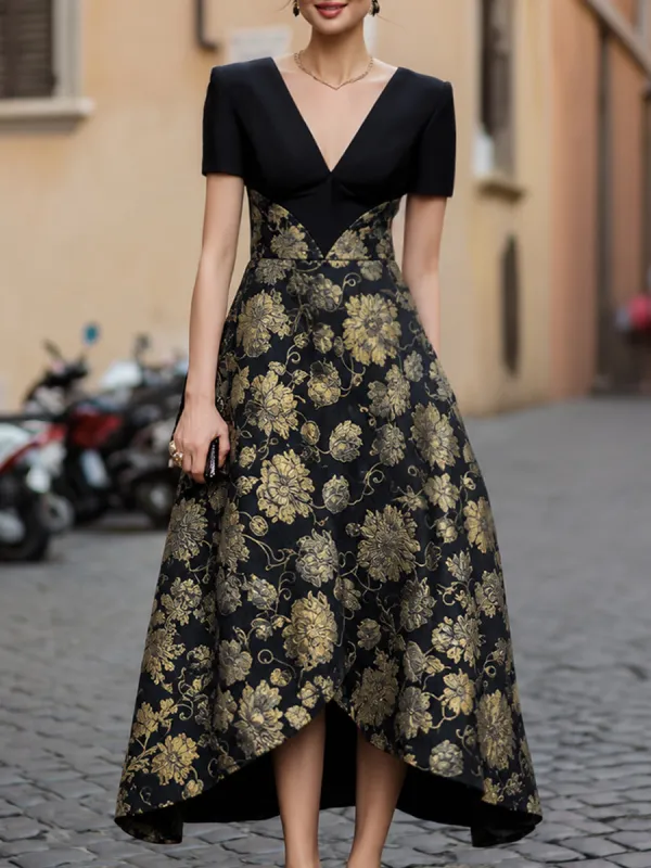 Floral Jacquard V-Neck High-Low Evening Dress made by Mooyius
