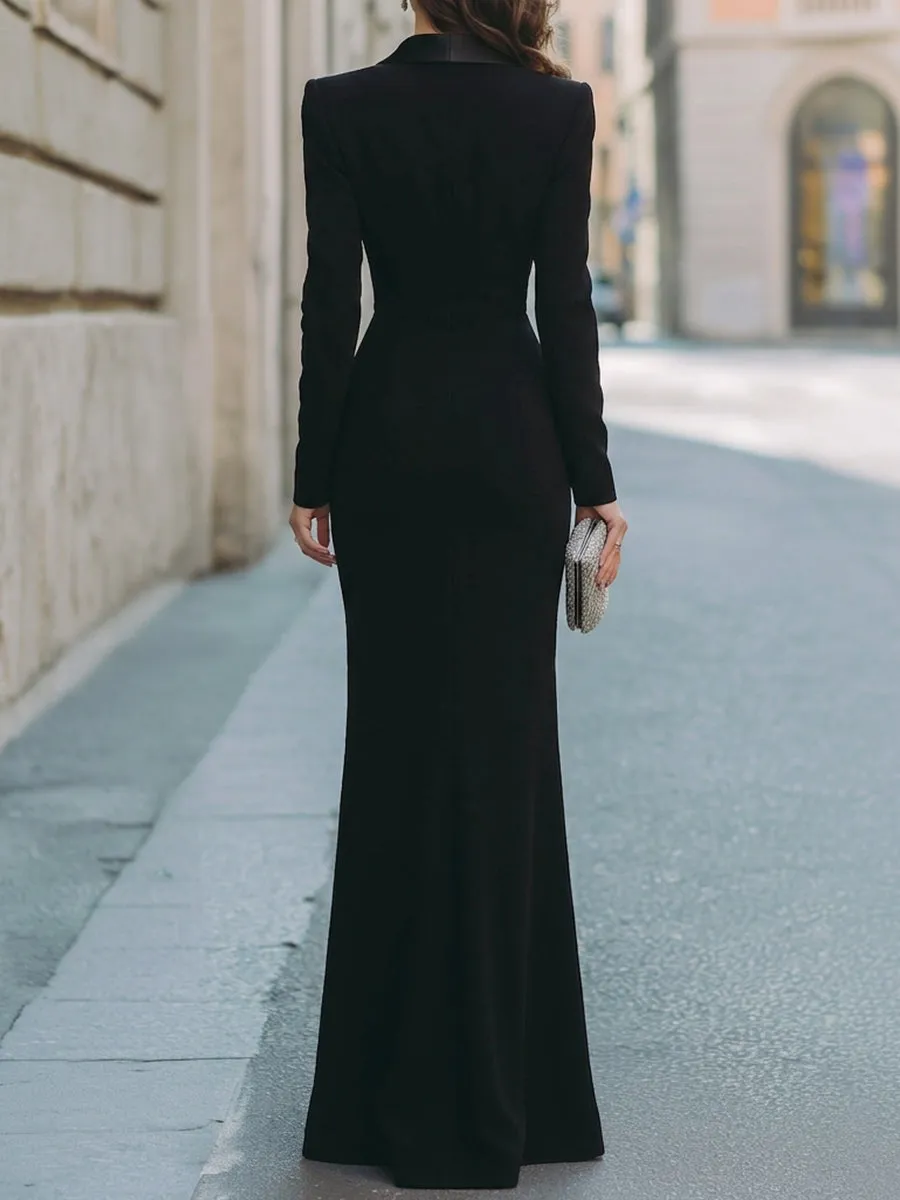 Tuxedo Collar Velvet Gown With Metallic Pleated Panel sold by Mooyius product image thumbnail 5