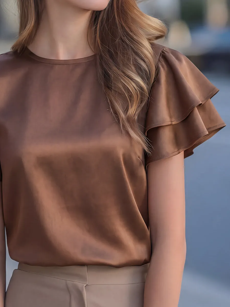 Double-Layer Ruffle-Sleeve Satin Blouse sold by Mooyius product image thumbnail 4