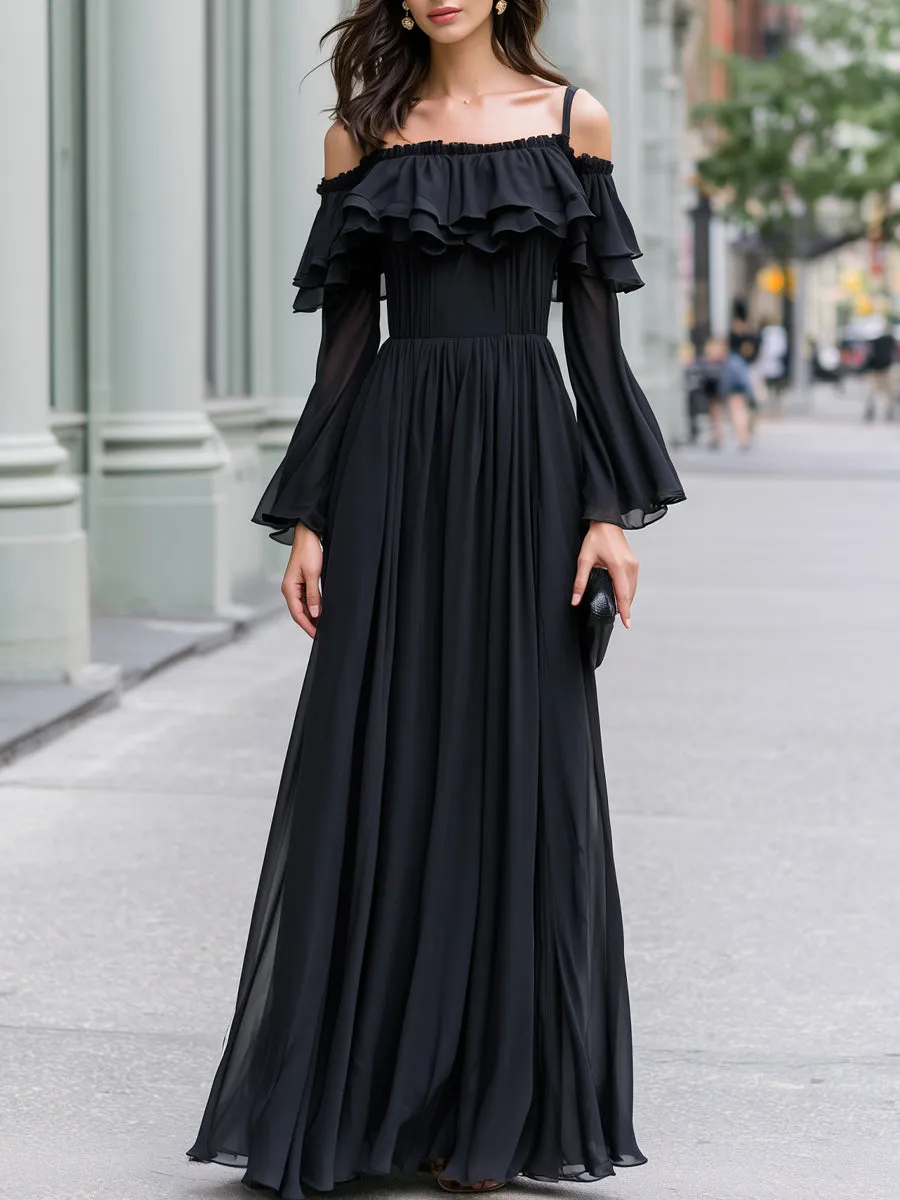 Off-Shoulder Ruffle Tiered Chiffon Maxi Dress sold by Mooyius
