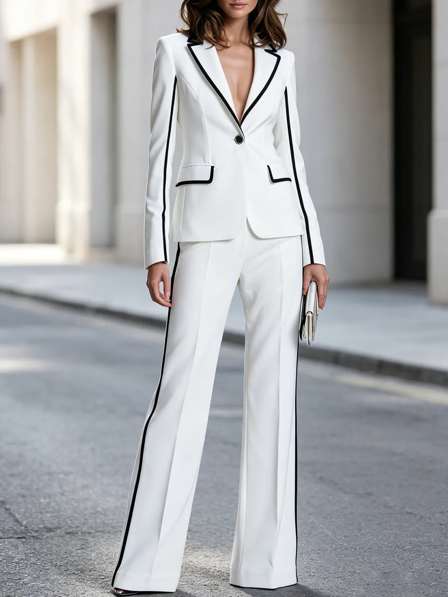 Minimalist Contrast Trim Blazer Wide-leg Trousers Suit Set sold by Mooyius