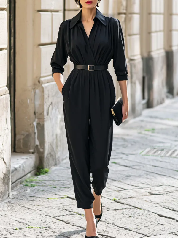 Shirt Collar Belted Draped Utility Jumpsuit made by Mooyius