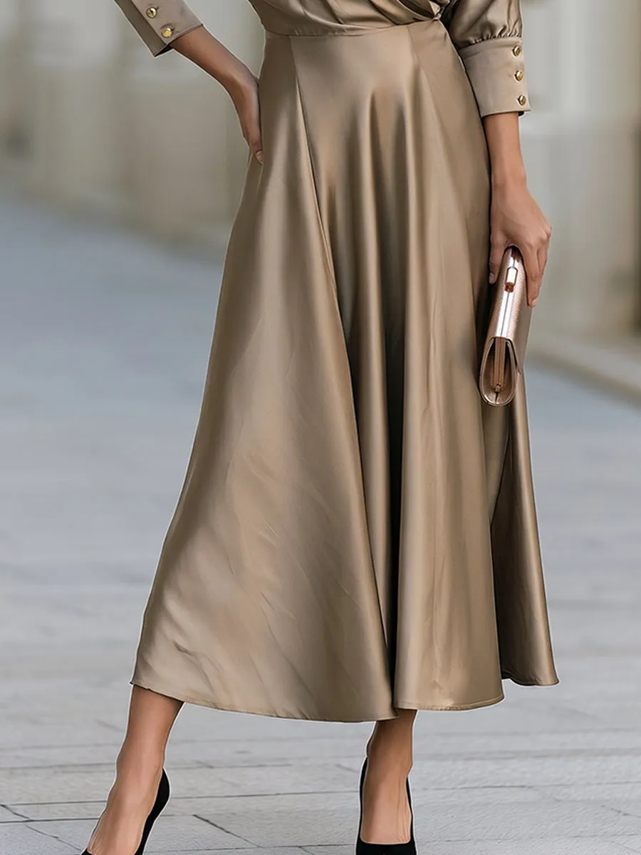 Satin Wrap Collar Maxi Dress With Gold Button Cuff Detail sold by Mooyius product image thumbnail 3