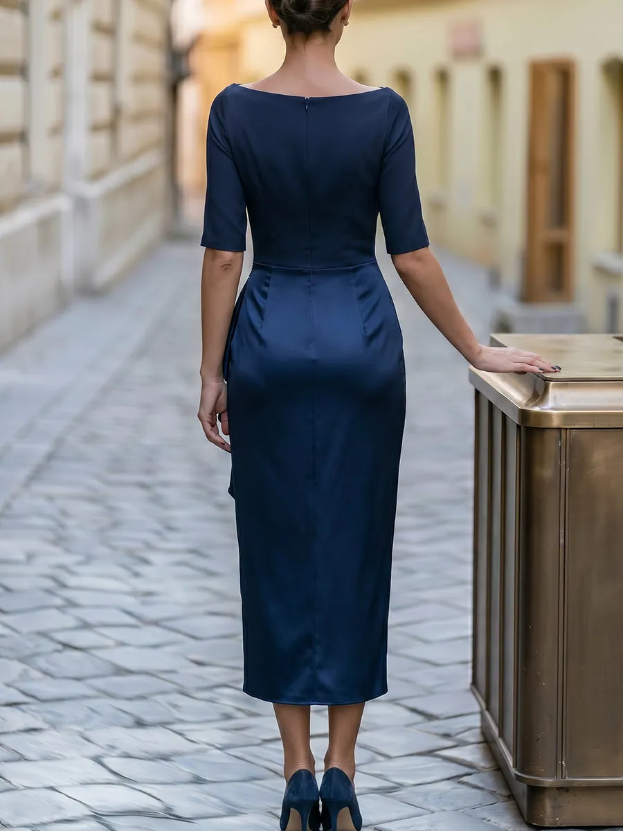 Satin Asymmetric Draped Brooch Detail Midi Dress sold by Mooyius product image thumbnail 4