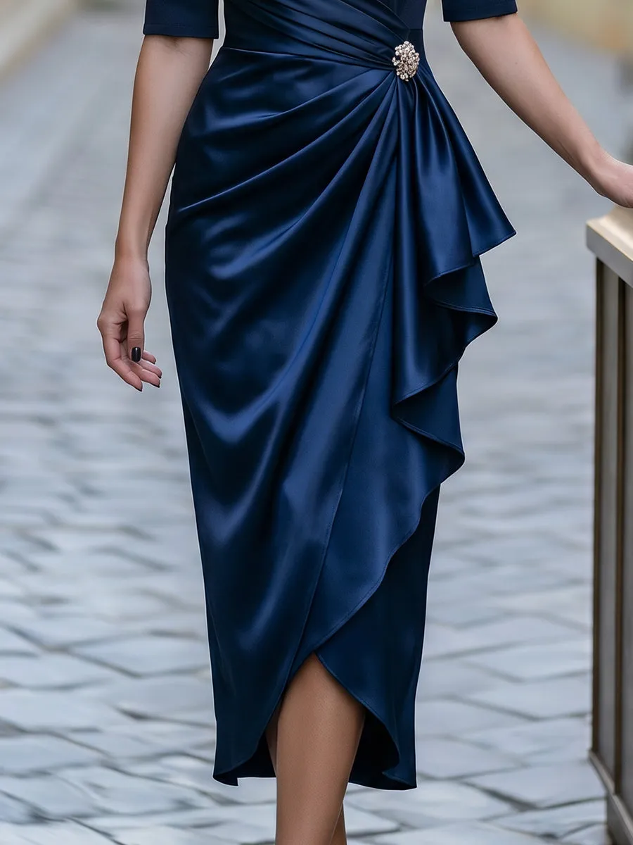 Satin Asymmetric Draped Brooch Detail Midi Dress sold by Mooyius product image thumbnail 3
