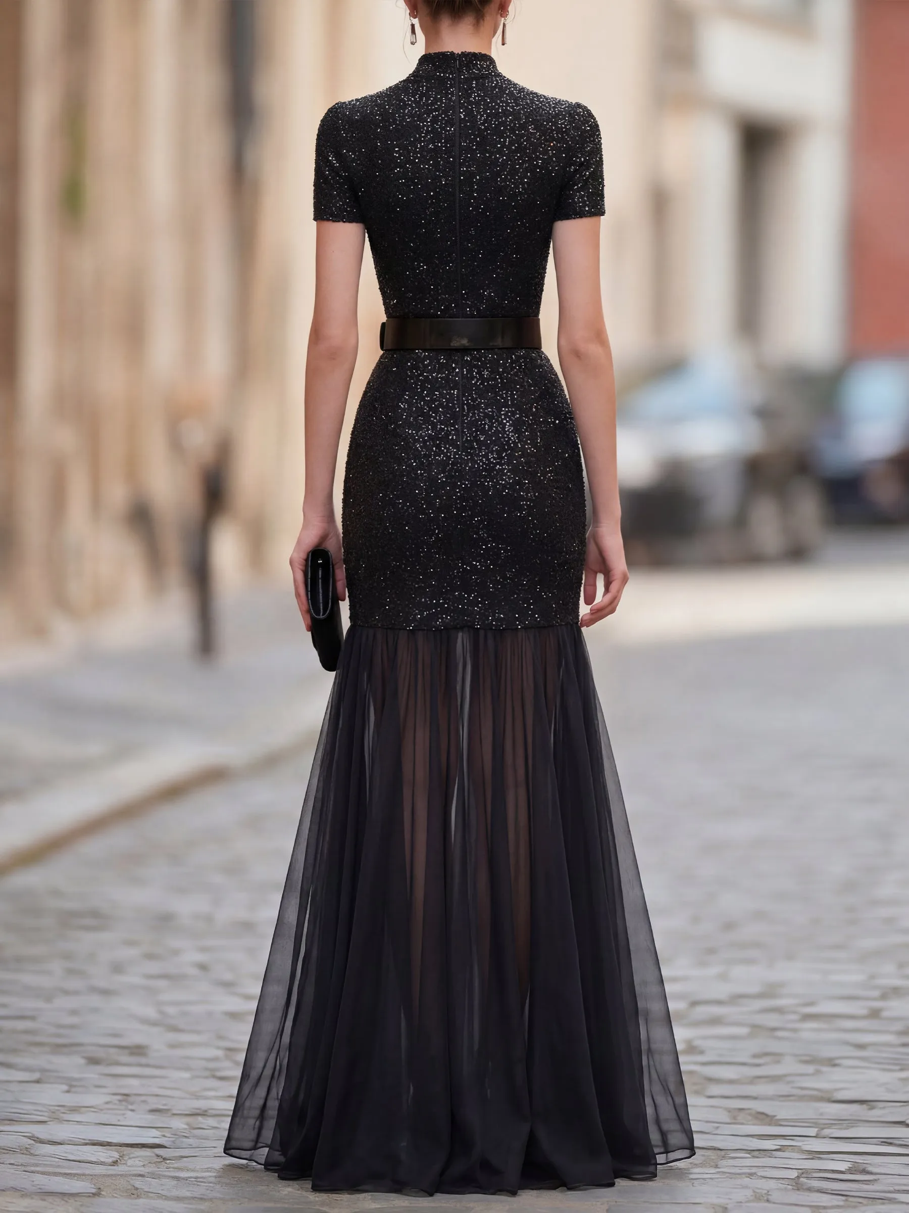 Glitter Mock Neck Short Sleeve Mesh Mermaid Maxi Dress sold by Mooyius product image thumbnail 2